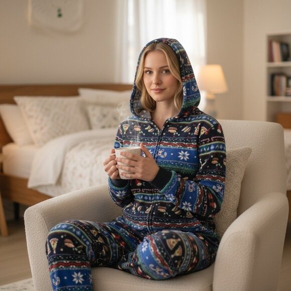 Cat & Jack Junior Christmas-Themed Hooded Fleece Pajamas With Pockets Size Large - Picture 2 of 10